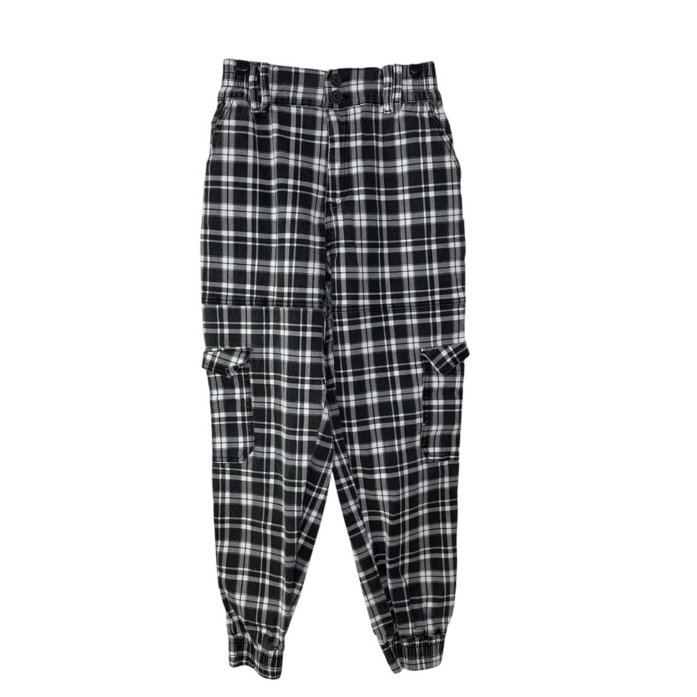 Hot Topic Cargo Jogger Pants‎ Women's Small Black White Plaid Emo Punk Grunge